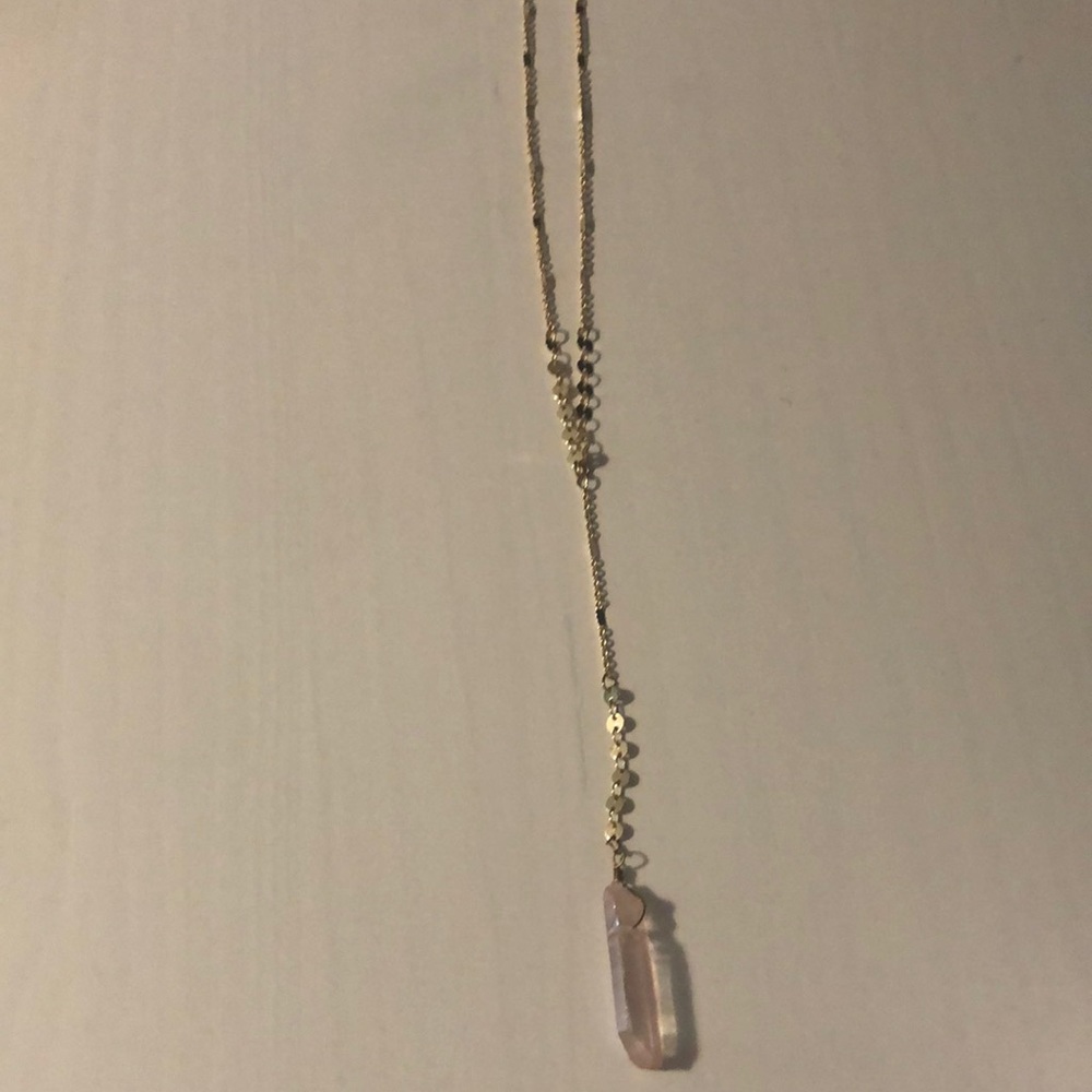Long Rose quartz pendant necklace with gold chain
